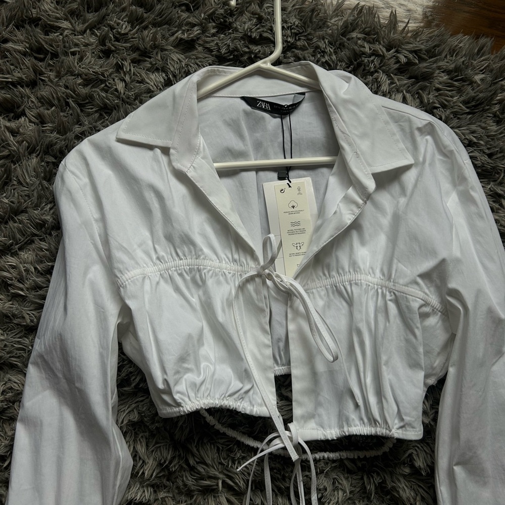 Zara Cropped White Tie-Front Blouse with open slit in back